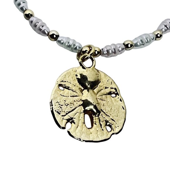 Vintage Gold Tone & Faux Pearl Ankle Bracelet With Sand Dollar Charm (5653) - Picture 9 of 9